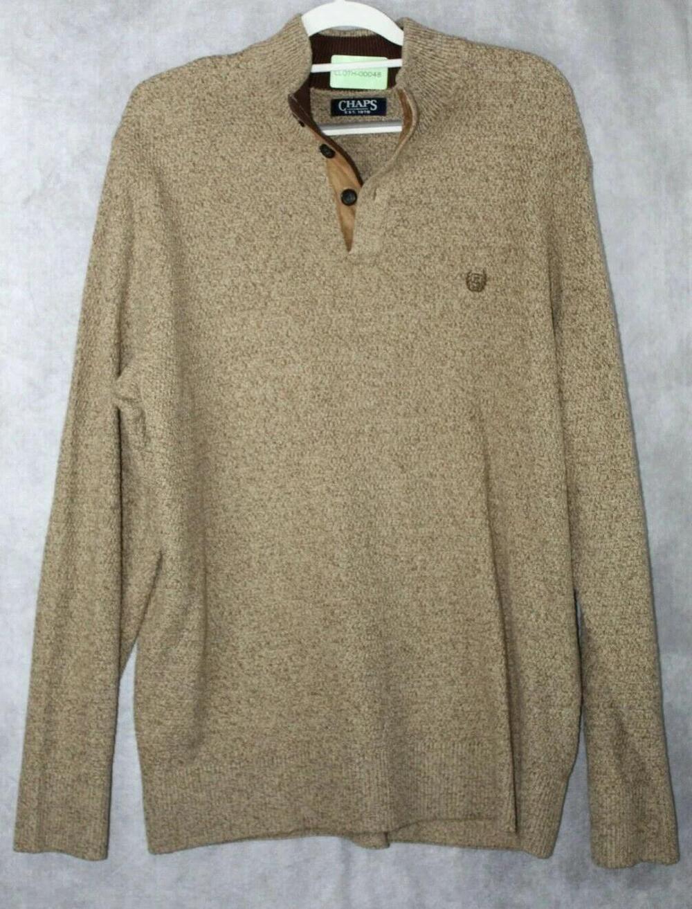 Chaps Sweater Mens 2XLT Beige Chunky-Knit Mock Neck Henley Elbow Patches